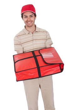 Pizza delivery boy with thermal bag. Isolated on white