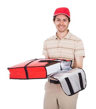 Pizza delivery boy with thermal bag. Isolated on white