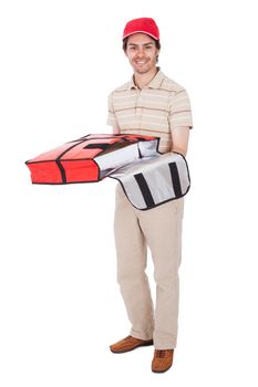 Pizza delivery boy with thermal bag. Isolated on white