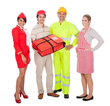 Diverse group of smiling workers. Isolated on white