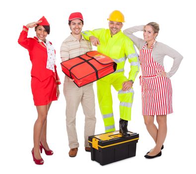 Diverse group of smiling workers. Isolated on white