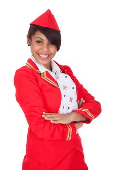 Portrait of young beautiful stewardess. Isolated on white