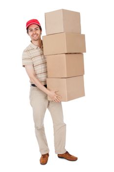 Delivery man carrying stack of boxes. Isolated on white