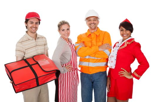 Diverse group of smiling workers. Isolated on white