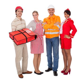 Diverse group of smiling workers. Isolated on white