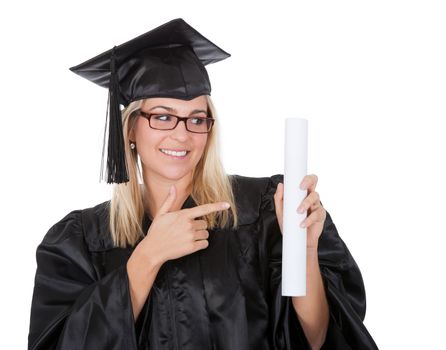 Beautiful female student graduating. Isolated on white