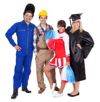 Diverse group of smiling workers. Isolated on white