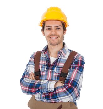 Confident worker wearing hard hat. Isolated on white