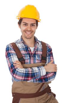 Confident worker wearing hard hat. Isolated on white