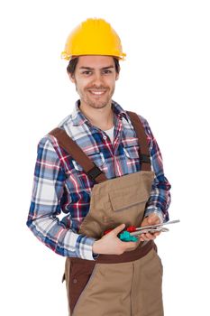 Confident worker wearing hard hat. Isolated on white