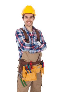 Confident worker wearing toolbelt. Isolated on white