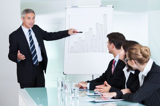 A senior business executive delivering a presentation to his colleagues during a meeting or in-house business training