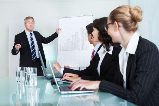 A senior business executive delivering a presentation to his colleagues during a meeting or in-house business training