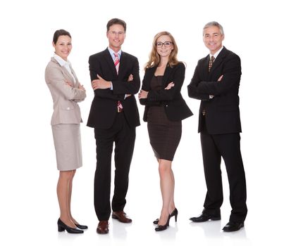 Successful business team with two attractive businesswoman and two middle-aged businessmen standing in a row smiling at the camera