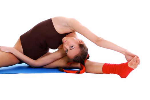 Fitness young woman in white isolated