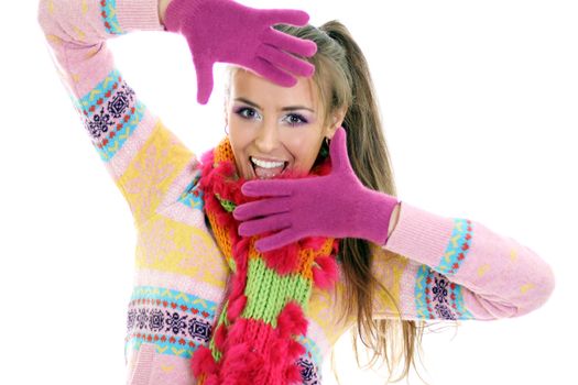 portrait of a beautiful happy woman in a knitted jacket