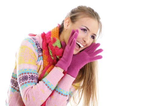 portrait of a beautiful happy woman in a knitted jacket