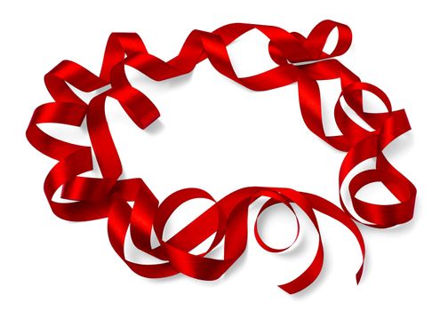 Shiny red satin ribbon on white background