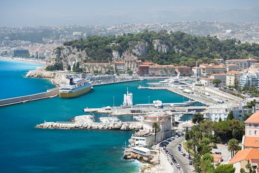 High angle view of the Mediterranean city of Nice in French Riviera.