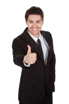 Portrait of excited businessman. Isolated on white