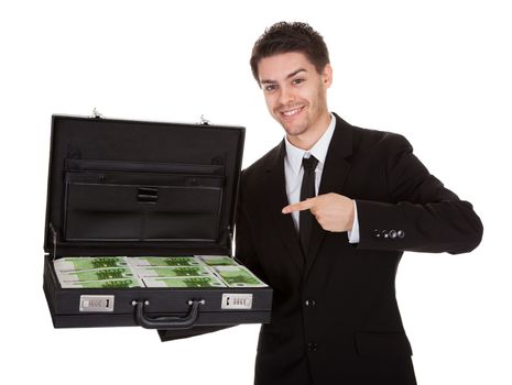 Businessman with suitcase full of cash. Isolated on white