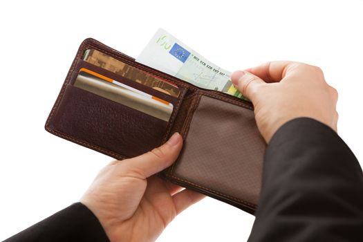 Man making a cash payment removing a banknote from his wallet