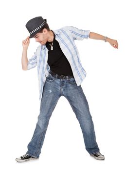 Young dancer touching his hat and one arm outstretched