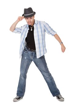 Young dancer touching his hat and one arm outstretched