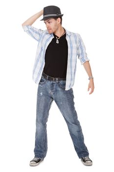 Young dancer touching his hat and one arm outstretched