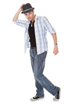 Young dancer touching his hat and one arm outstretched