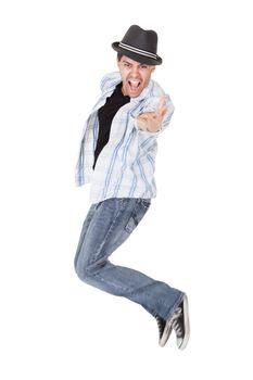 Young dancer in mid air jump with arms outstretched