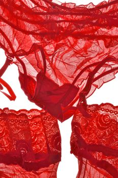 Red lacy panties and openwork stockings isolated on white