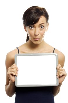 Young woman holding a wipe board looking upset