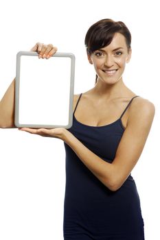 Young woman holding ip a wipe board for text