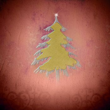 Christmas greeting card, gold and silver fir tree, on vintage background with empty space for write message