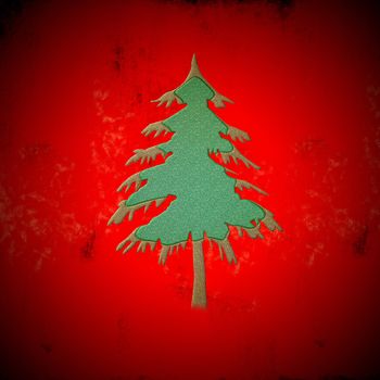 Christmas greeting card, green metallic fir , on grunge red  background with empty space for write message