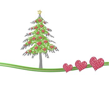 Cute christmas fir tree with hearts isolated white, whith copy space for text