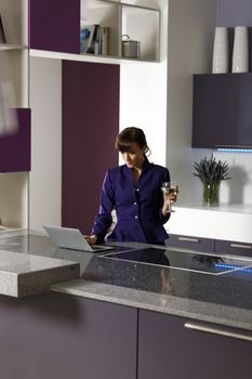 Smart business woman working on her laptop at home in kitchen.