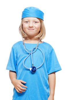 portrait of a boy with long blond hair playing a doctor