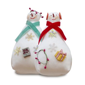 The Handmade isolated snowmans couple on black background