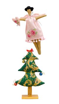 The Handmade soft toys isolated New Year tree and angel with heart