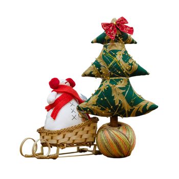 The Handmade soft toy isolated New Year tree and a snowman on a sled