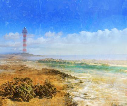 Day view of a old lighthouse on a rock island, grunge texture