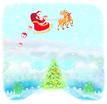 The santa claus flying with the sack full of presents