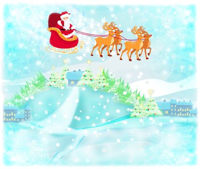 Santa Claus flying over city