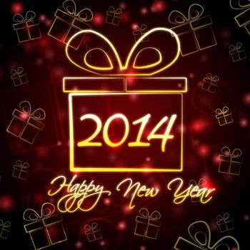 Happy New Year 2014 - text and golden gift boxes signs over abstract red background card with holiday lights