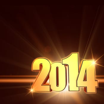 golden new year 2014 with light rays over shining brown background with lens flare