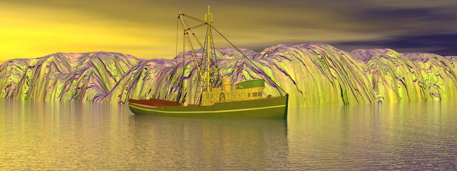 boat dwarfed by antarctic mountains