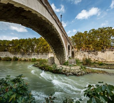 Panorama of Tiber Island and Fabricio Bridge over Tiber River, Rome, Italy