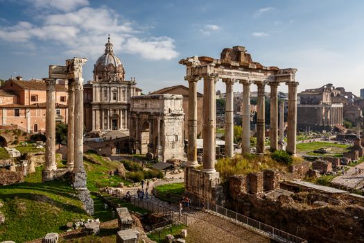 Roman Forum (Foro Romano) and Ruins of Septimius Severus Arch and Saturn Temple in Rome, Italy